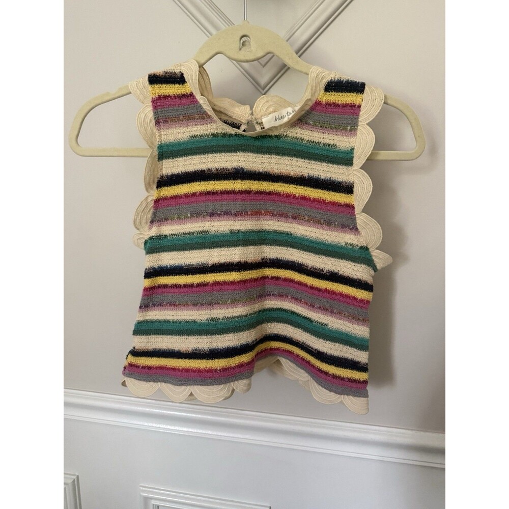 Blue Tassel Multicolor Stripe Knit Tank Top Scalloped Edging Cotton Size S